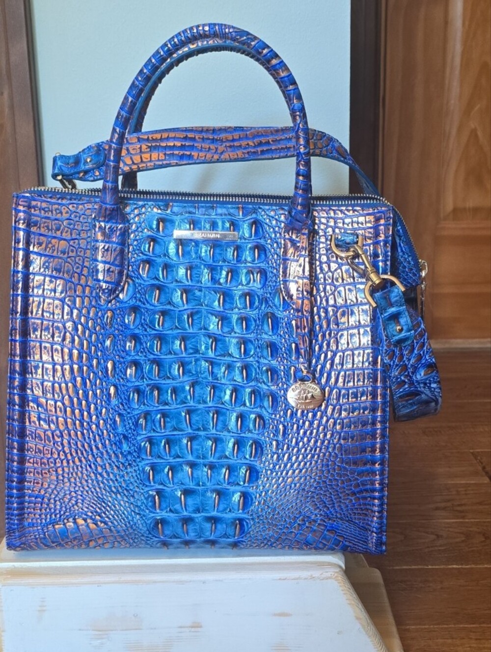 Blue Croc-Embossed Structured Tote Bag